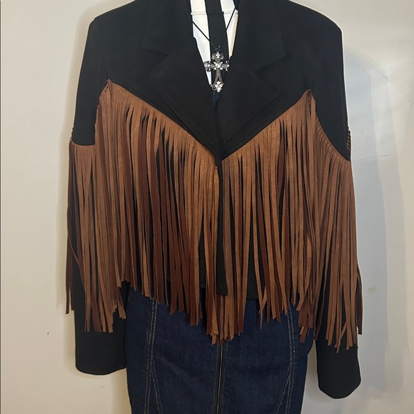 Wysteria Lane Jackets & Blazers - Chic Black and Brown Fringe Women's Blazer